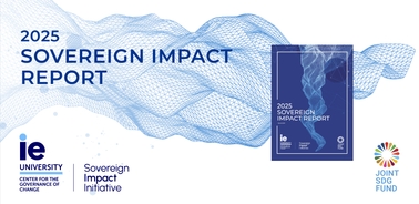 The image displays the cover of the 2025 Sovereign Impact Report featuring a blue design and branding elements.
