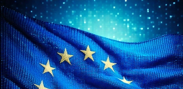 A digital representation of the European Union flag waving against a blue background.