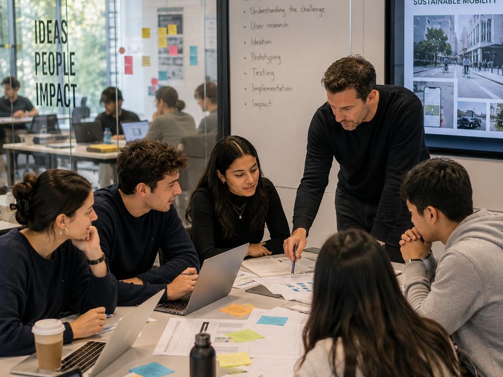 A group of students collaborating in a modern workspace on a project about sustainable mobility.