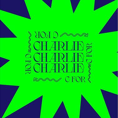 A bright graphic design featuring the repeated text 'Charlie Charlie' in green on a neon green and purple starburst background.