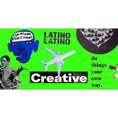 A collage of various graphic elements and text such as 'Creative', 'Latino Latino', and 'We're Here We're Queer' on a green background.