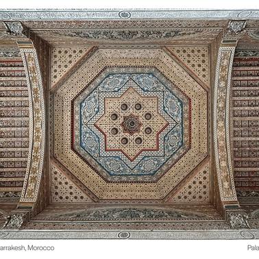 The intricate ceiling of Bahia Palace in Marrakech showcases stunning Moroccan architecture.