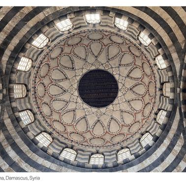 The intricate ceiling design of Khan Asad Basha in Damascus, Syria.