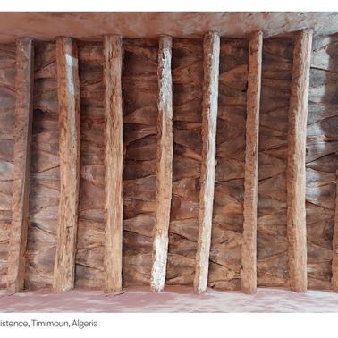 A wooden structure with diagonal patterns and vertical beams in a natural setting.