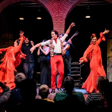 A vibrant flamenco dance performance on stage with musicians and dancers in traditional attire.