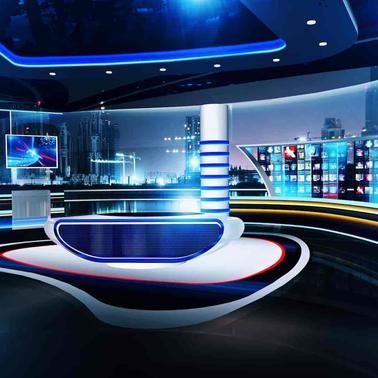 A modern and futuristic news studio with vibrant LED screens and dynamic lighting.