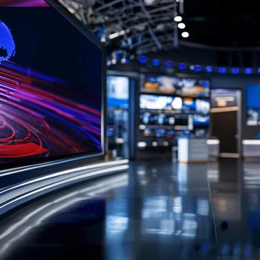A modern television studio with multiple screens displaying graphics and cityscapes.