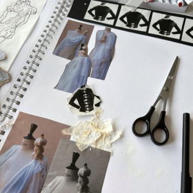 A creative fashion design mood board with various fabric swatches and garment sketches.