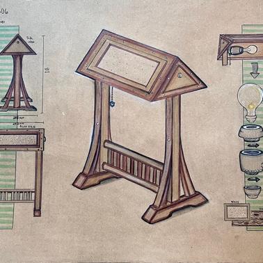 Sketches of a wooden spindle stool, an artist stool, and various other illustrated design elements on stained paper.