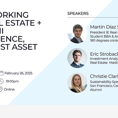 A promotional graphic for a networking event in real estate featuring three speakers.