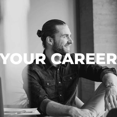 A smiling man in a denim shirt seated at a desk with the words 'YOUR CAREER' superimposed in the foreground.