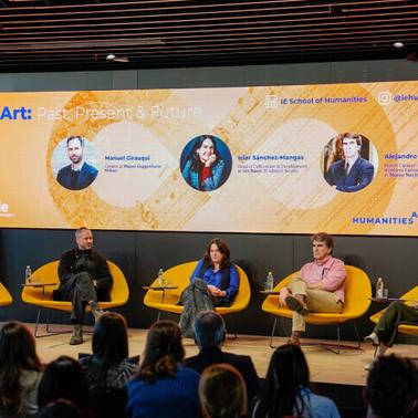 A panel discussion at an event featuring five people sitting on stage under a banner titled 'Arte: Past, Present & Future'.