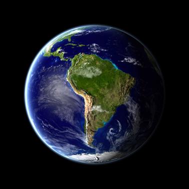 A view of Earth from space, highlighting South America prominently.