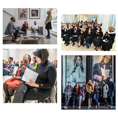A collage of various groups of people in different settings including a meeting, a lecture, a group photo, and a street scene.