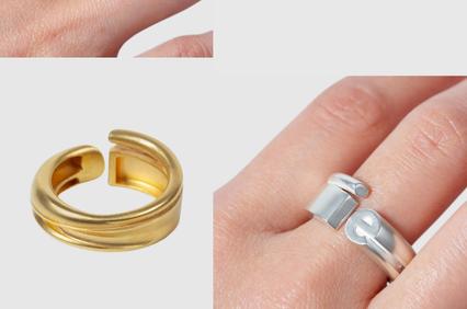 A collection of four images showcasing different styles of rings on a person's finger and individually.