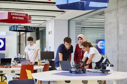 IE students at the Robotic  Lab in Madrid Campus IE Tower