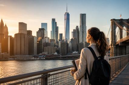 A woman stands by the waterfront looking at the New York City skyline during sunset.