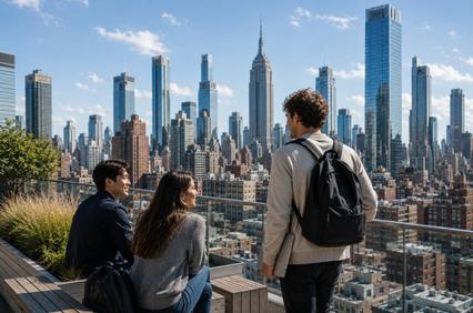 Three friends enjoy a city view from a rooftop in New York.