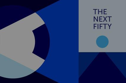 A modern graphic design featuring geometric shapes and text 'THE NEXT FIFTY' on a blue background.