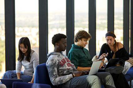 A group of diverse students working on laptops in a modern setting.