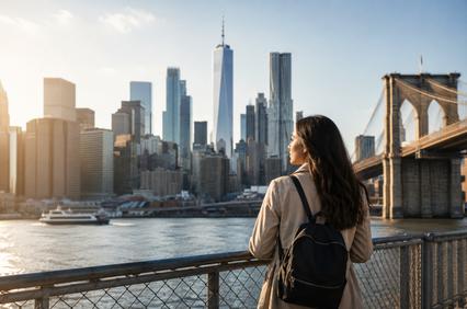 A woman stands by the water, gazing at the skyline of a city with tall buildings and a bridge in the foreground.