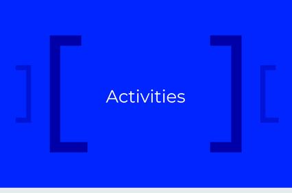 The image features the word 'Activities' centered on a blue background with decorative brackets on either side.