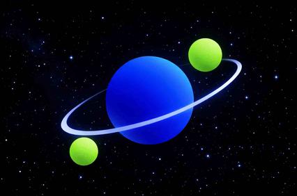 A blue planet with rings and two green moons in a starry space background.