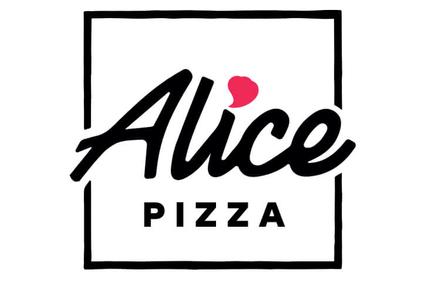 Logo of Alice Pizza featuring stylized black text and a pink dot over the letter 'i' inside a square border.