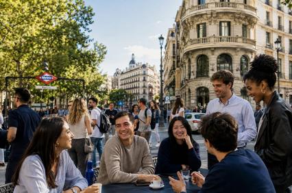 A lively outdoor gathering of friends enjoying coffee and conversation at a cafe in a vibrant city square.