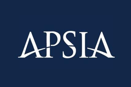 A logo design featuring the word APSIA in a stylized font on a dark blue background.