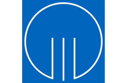 A blue logo featuring three white vertical bars inside a white circle.