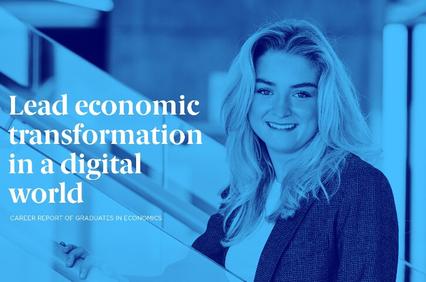 A smiling woman in professional attire stands in an office environment, overlaid with text about leading economic transformation in a digital world.