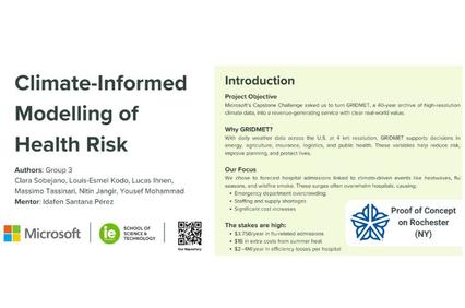 A presentation slide about climate-informed modeling of health risk with project objectives and focus areas.