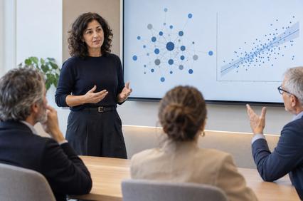 A woman is presenting data to a group during a meeting.