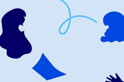 An abstract illustration of two hands reaching towards each other against a soft blue background.
