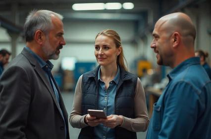 Three individuals engage in conversation while one holds a smartphone.