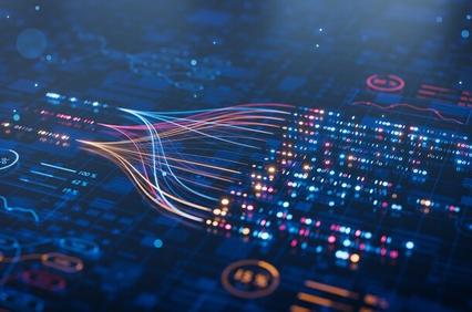The image depicts a digital network with flowing lines of data on a blue grid background.