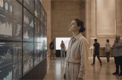 A woman is observing data visualizations displayed on large screens in a gallery.