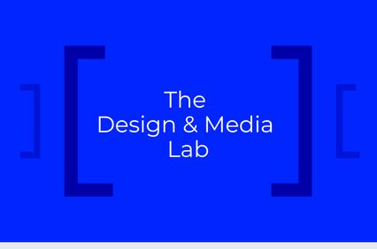 A vibrant blue background featuring the text 'The Design & Media Lab'.