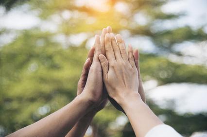 Several hands are coming together in a gesture of unity against a natural background.
