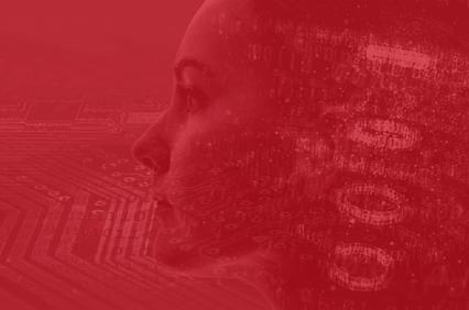 A digital representation of a woman's face with a background of circuit patterns and binary code.