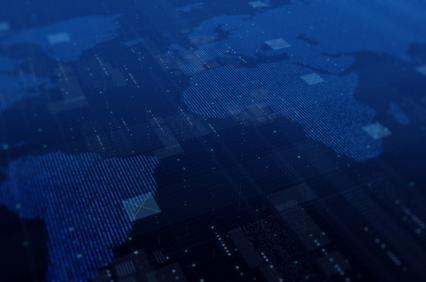 The image showcases a digital map with a dark blue futuristic design.