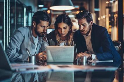 Three business professionals discussing over a laptop in a dimly lit office.