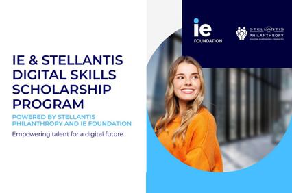 A promotional image for the IE & Stellantis Digital Skills Scholarship Program featuring a smiling woman.