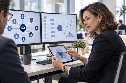 A businesswoman is discussing data analysis while using a tablet in a modern office setting.