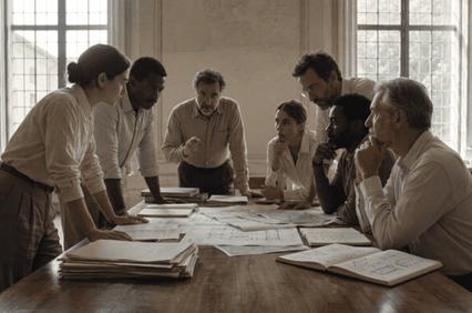 A group of people gathered around a table discussing plans and documents.