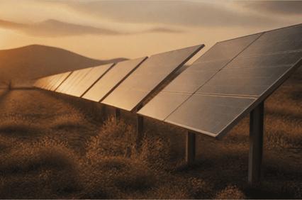 A row of solar panels reflecting sunlight in a serene landscape during sunset.