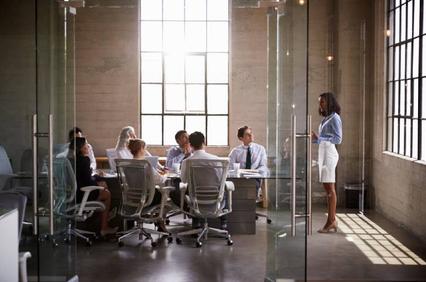 A diverse group of professionals engaged in a business meeting in a modern office setting.
