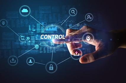 A hand interacts with a futuristic interface displaying the word CONTROL surrounded by various digital icons and symbols.