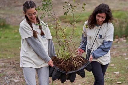 Two young women are carrying a large plant together in a natural setting.
